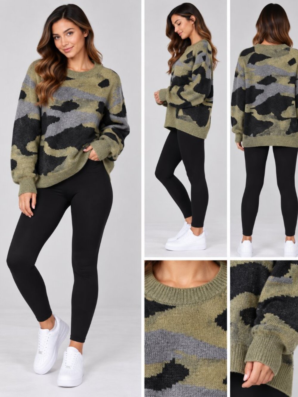 Mustard Seed Green Camo Crewneck Knit Sweater Size S